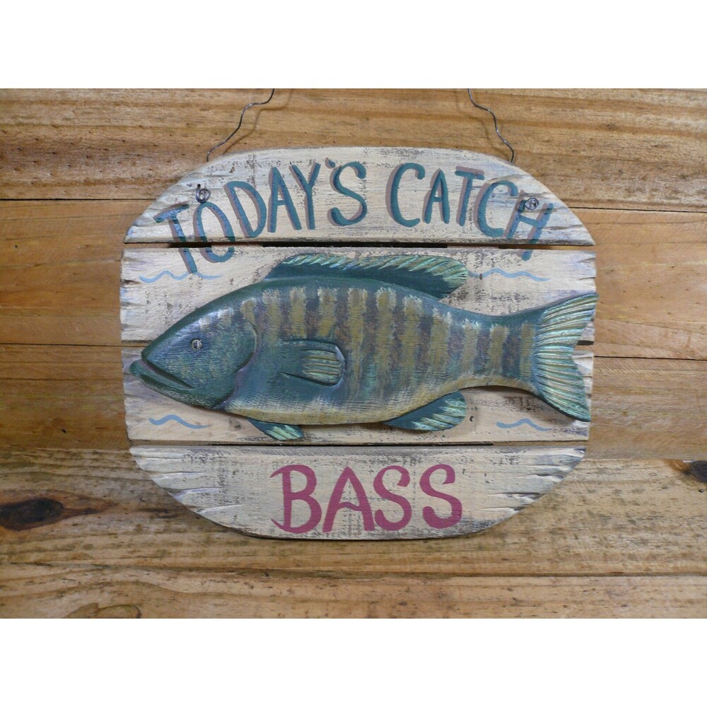 TODAY'S CATCH BASS Wood Sign Novelty Cabin Kitchen Wall Hanging Sign